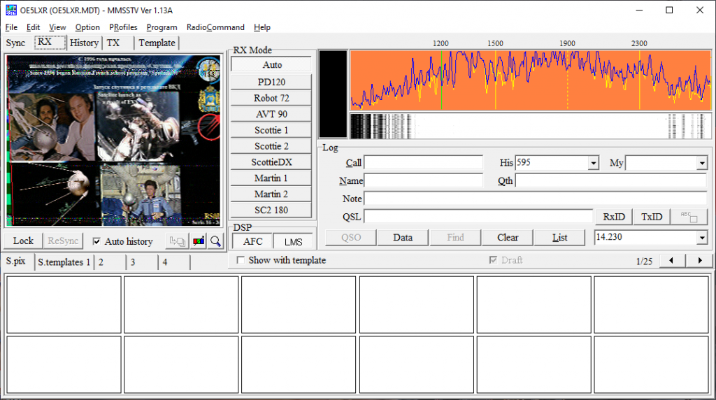 A fully decoded SSTV image with MMSSTV with slant introduced due to sound card clock mismatch.