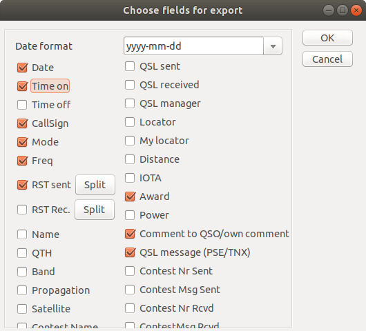 Selecting QSO fields for ham radio for export in CRQLOG for Linux