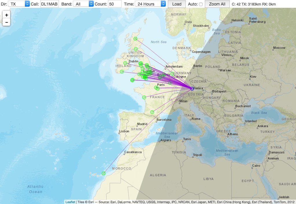 This map shows received and decoded WSPR of a diy wspr transmitter.