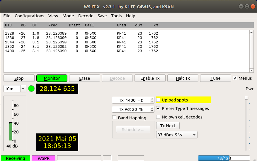 WSJT-X is used to decode WSPR signals with RTL-SDR