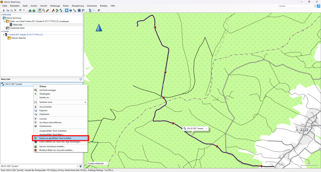 Right-click on the track and select "Direct Route from Selected Track" to generate a route.